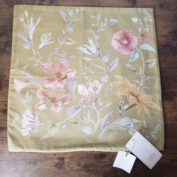 Set of 2 Sage Pink Blue Pastel Nuetral Linen Look Floral Botanical Pillowcases - Picture 3 of 11